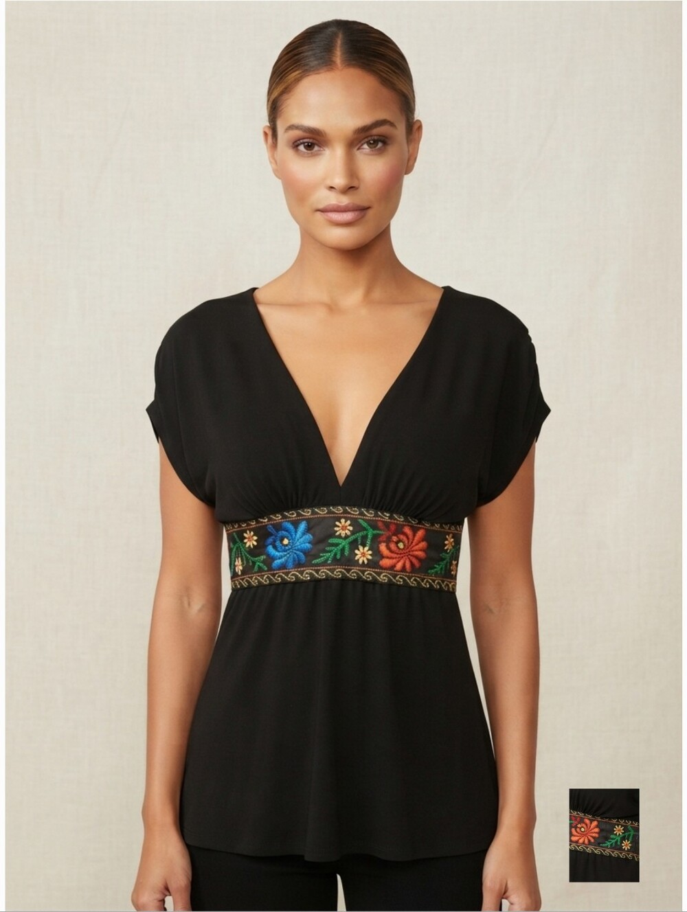 Women's Black V-Neck Top with Colorful Floral Embroidered Waistband Tie Small